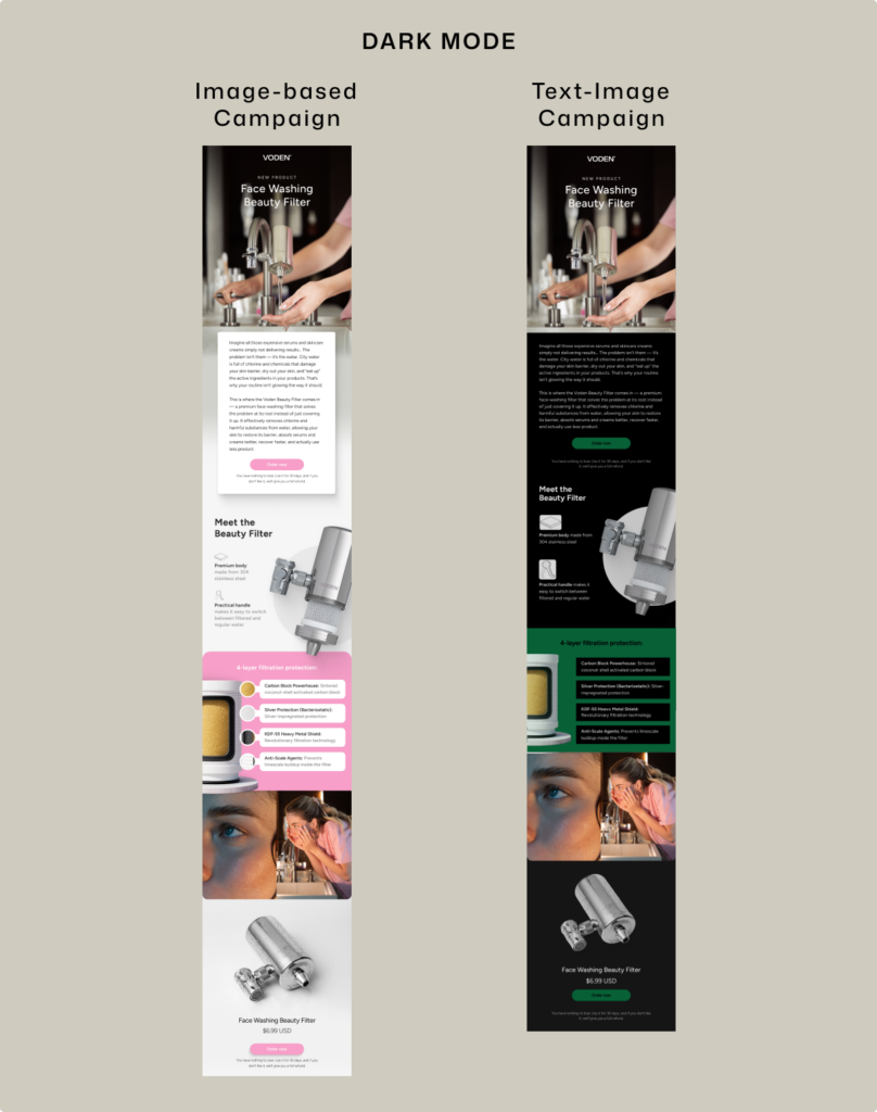 Dark mode with Image-based email marketing campaigns vs text-image email marketing campaign comparison