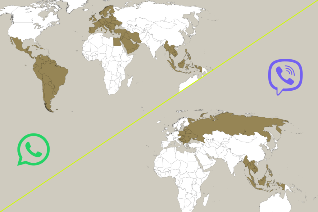 Visual world map of the most common markets for WhatsApp vs the one for Viber