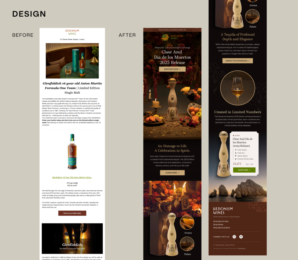 Hedonism Wines email marketing design before and after Retention Side