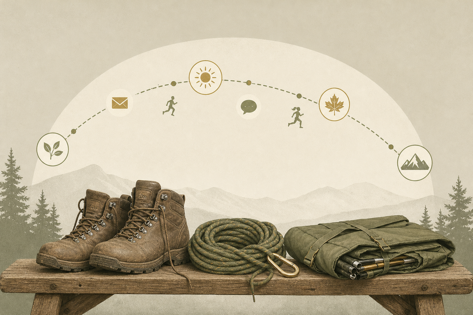 Editorial illustration of hiking gear resting between seasons while small touchpoints keep the brand relationship alive