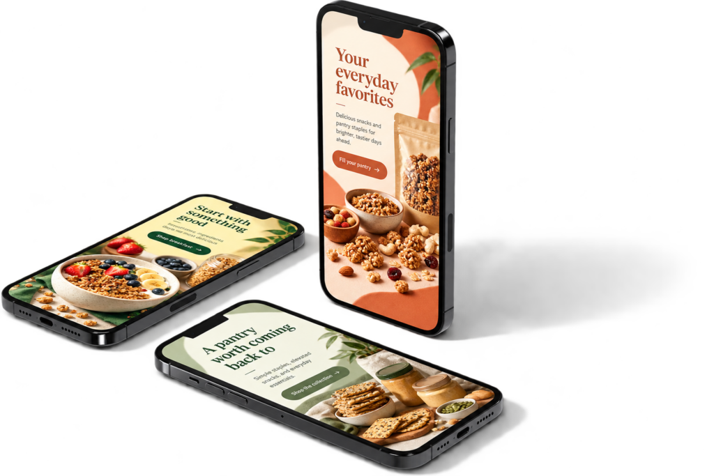 Three black smartphone mockups displaying concept email campaigns for groceries and snacks, featuring granola, fruit, snack pouches, crackers and nut butter.