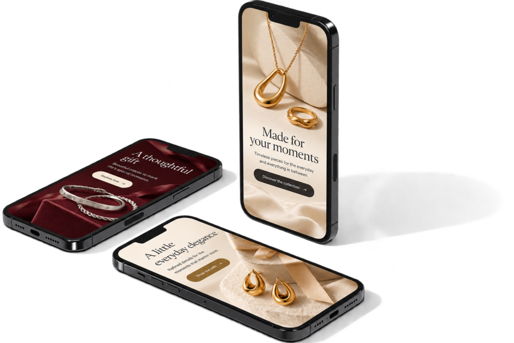 Three black smartphone mockups displaying concept email campaigns for jewelry and luxury, featuring gold necklaces, silver bracelets, earrings and gifting messages.