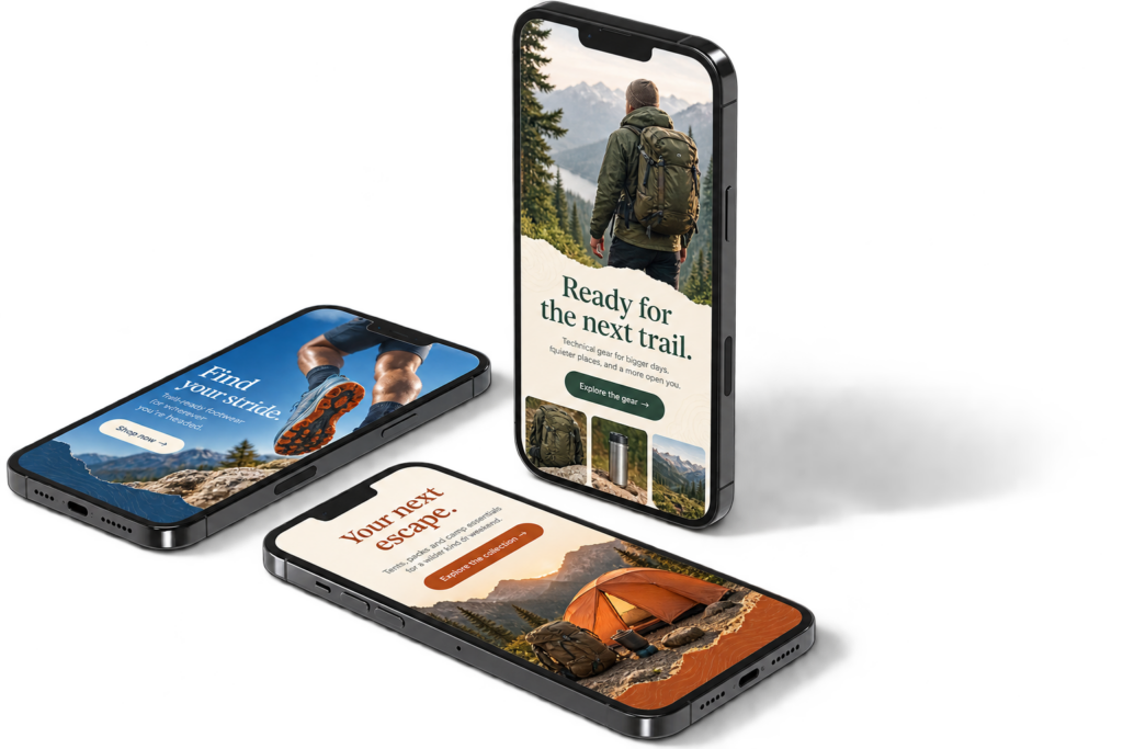 Three black smartphone mockups displaying concept email campaigns for sports and outdoors, featuring a mountain hiker, trail-running shoes and camping equipment.