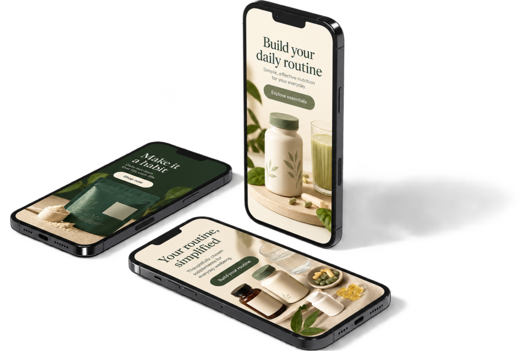 Three black smartphone mockups displaying concept email campaigns for supplements and nutrition, with vitamin bottles, a protein pouch, and daily routine reminders.