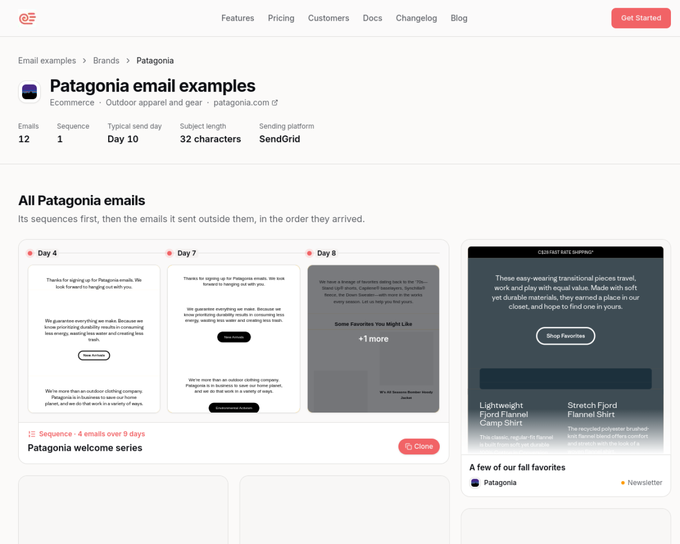 Sequenzy capture page showing Patagonia's emails, including the welcome series
